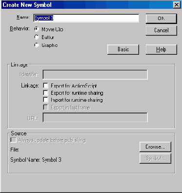 Окно Create New Symbol в Flash MX